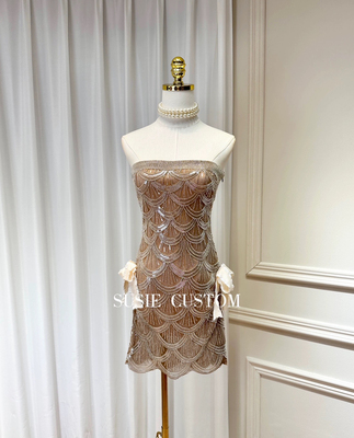 高定轻奢重工一字领抹胸鱼鳞状亮片串珠蝴蝶结绑带波浪边小礼服裙