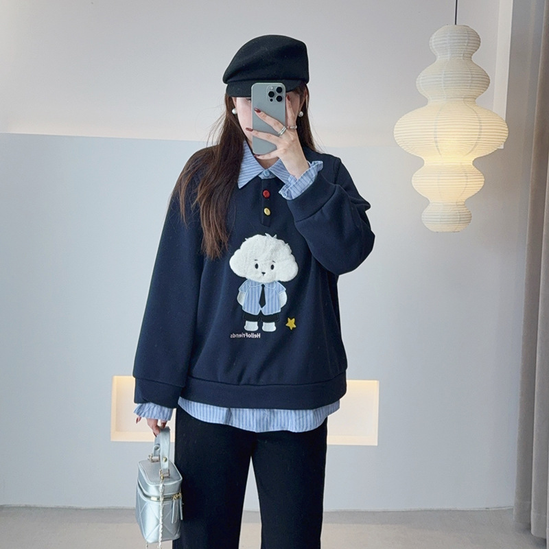 2025冬季新款大码女装胖妹妹衬衫领卡通小狗假两件上衣9176
