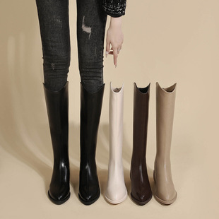 加宽长筒靴尖头 V口西部牛仔靴不过膝长靴加绒显瘦高筒复古骑士靴