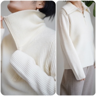 经典老钱风 100%绵羊毛慵懒感坑条显贵显瘦厚实款拉链毛衣外套