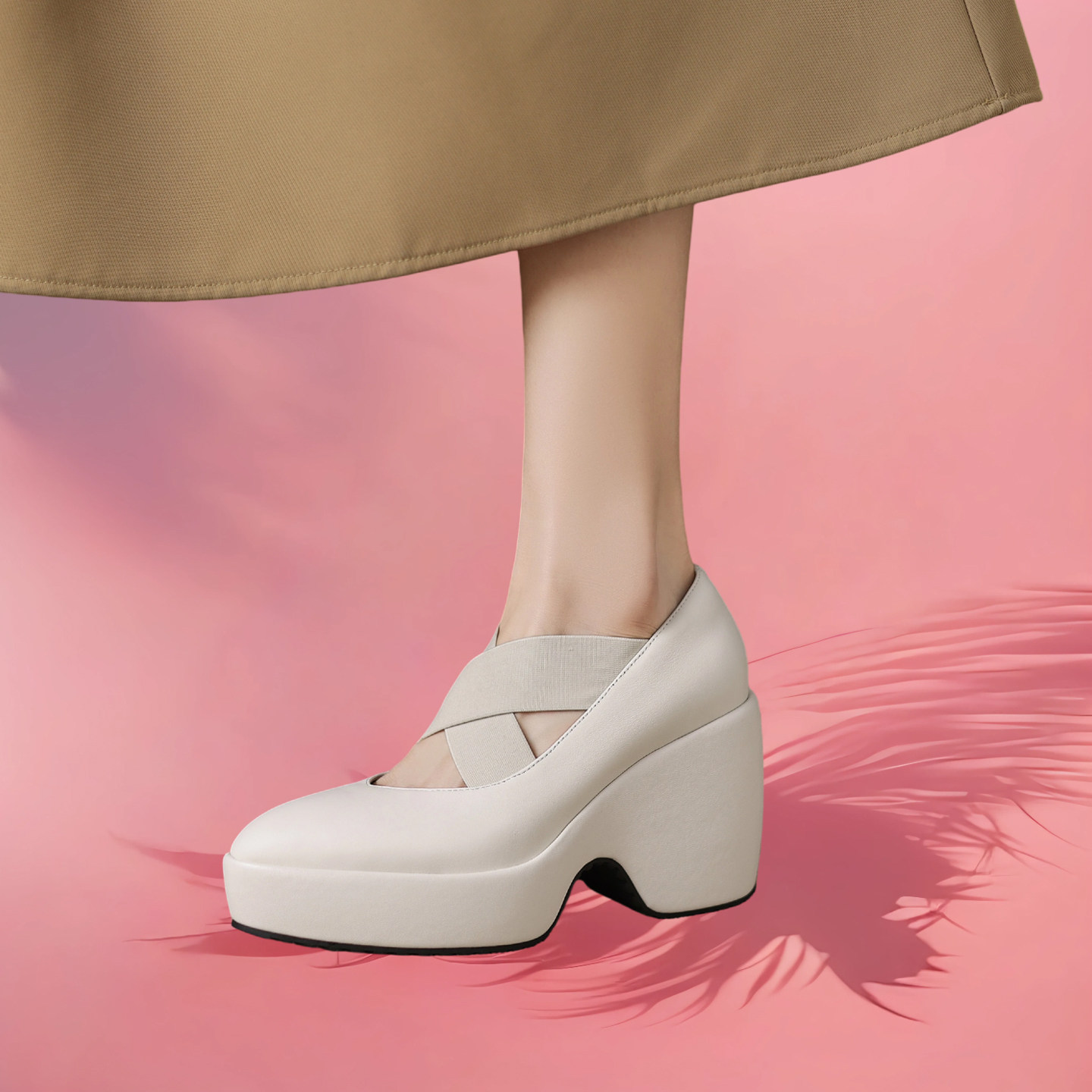 简约松糕厚底绑带单鞋女2026新款真皮尖头小个子不累脚粗跟高跟鞋