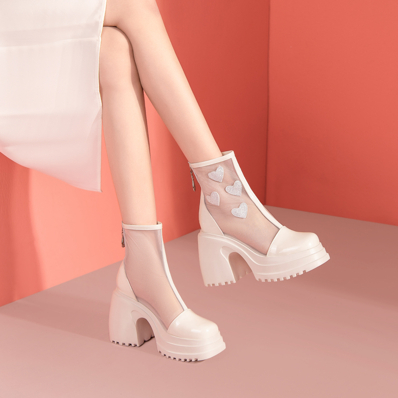 设计感透气网靴2025夏季外穿镂空凉靴真皮粗跟厚底防水台高跟鞋女