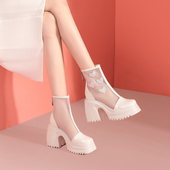 设计感透气网靴2026夏季 女 外穿镂空凉靴真皮粗跟厚底防水台高跟鞋