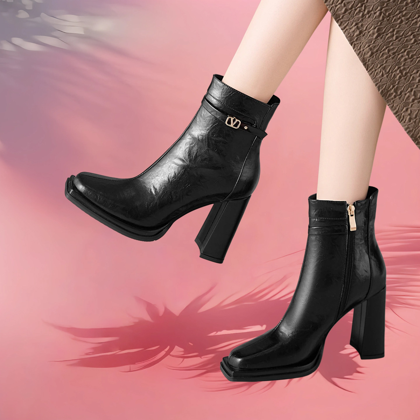 黑色气质方头高跟短靴2025冬新款百搭真皮防水台粗跟加绒女式靴子