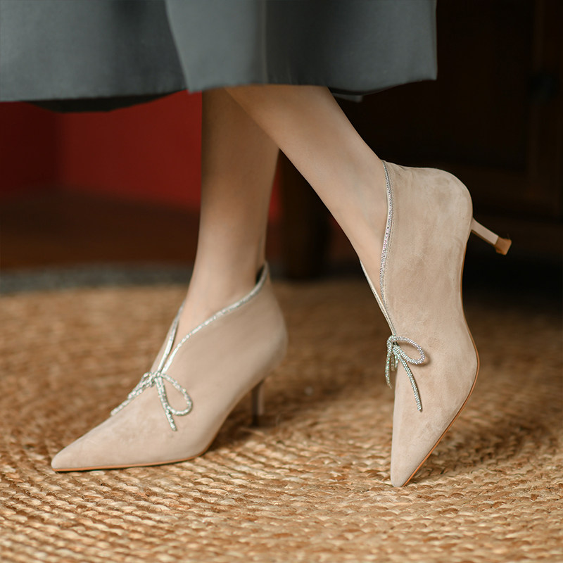 水钻高跟鞋女2025秋季新款蝴蝶结杏色气质尖头深口细跟防水台单鞋,女鞋,深口单鞋,淘宝优惠券,粉丝福利购,淘宝优惠卷