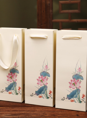 古风手提袋伴手礼物长条纸袋新中式荷花礼品盒子配套袋子现货批发