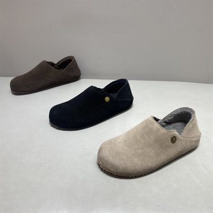 男款勃肯鞋2025冬新款加绒保暖懒人一脚蹬豆豆鞋韩版软皮百搭男鞋