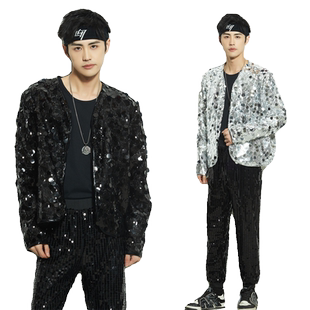 新款年会舞台装街舞表演服装闪片男装爵士舞蹈演出服亮片开衫外套