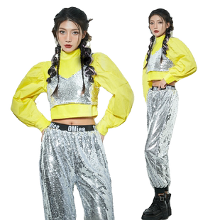 街舞潮牌爵士舞jazz辣妹短款上衣女欧美嘻哈跳舞亮片演出服练功服