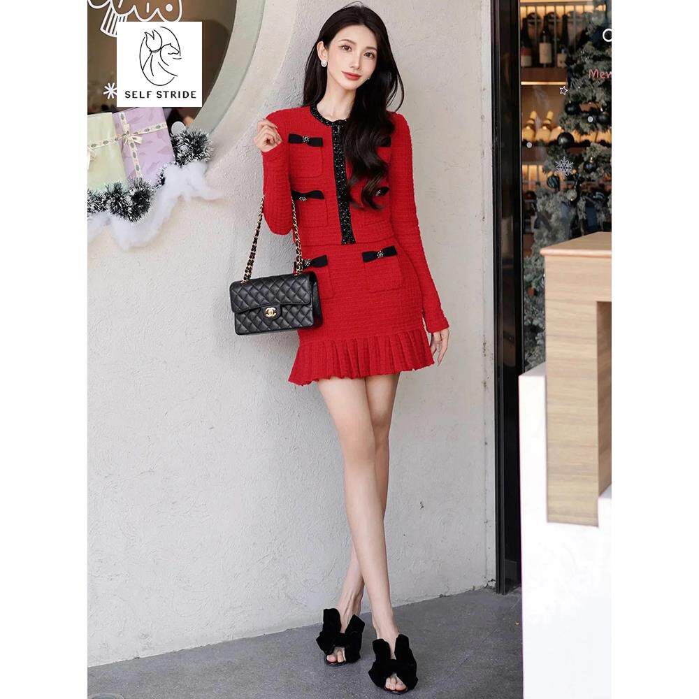 【赵丽颖同款】酒红色圆领针织上衣开衫短裙时尚套装