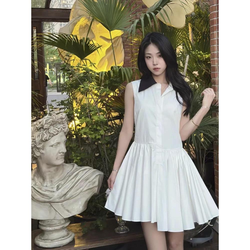 self-stride 2025象牙白不规则纯棉连衣裙修身高腰法式优雅短裙