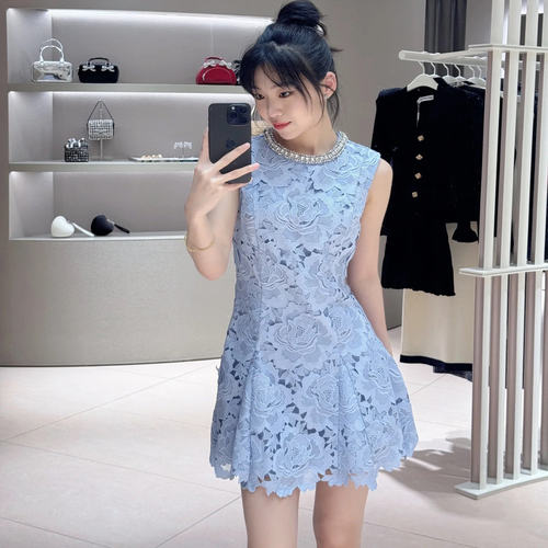 self-stride 2025新款气质钻饰无袖蕾丝洋装法式复古高级女装裙