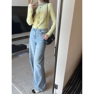 self-stride 2025秋冬新款奶油黄钻饰羊毛混纺针织毛衫外套上衣女