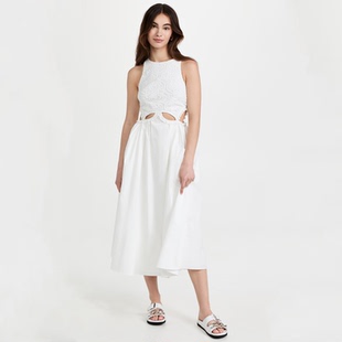 显瘦连衣裙长裙 2025圆领白色蕾丝拼接露腰褶皱修身 self stride