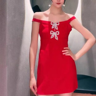 气质连衣裙短裙气质礼服裙 一字领镶钻蝴蝶结系列修身 self stride