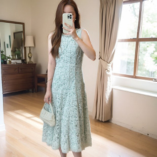 中长裙洋装 24春夏薄荷绿蕾丝镶钻无袖 蕾丝圆领长裙 stride Self