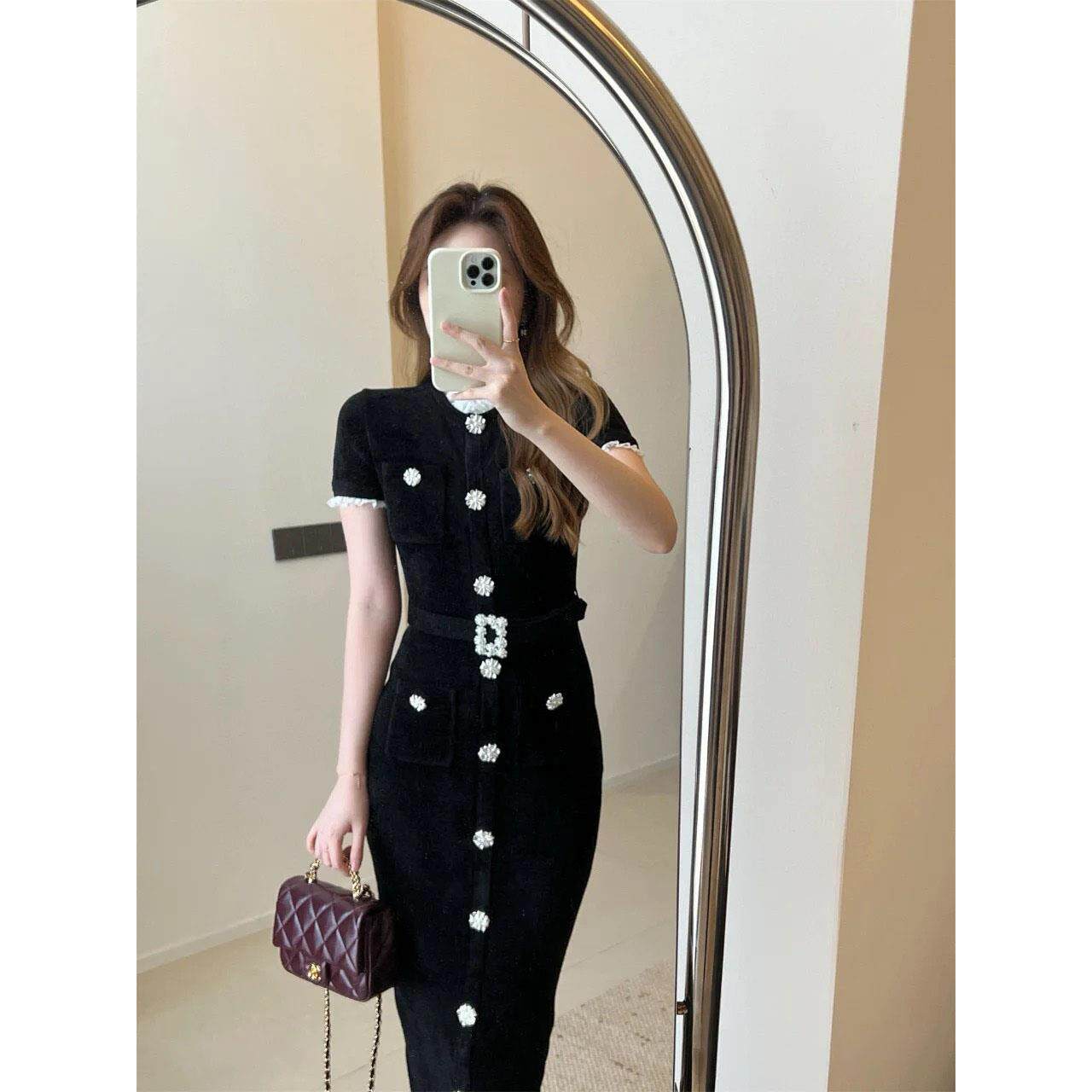 self-stride 2025新款经典黑法式蕾丝连衣裙气质修身收腰中长裙