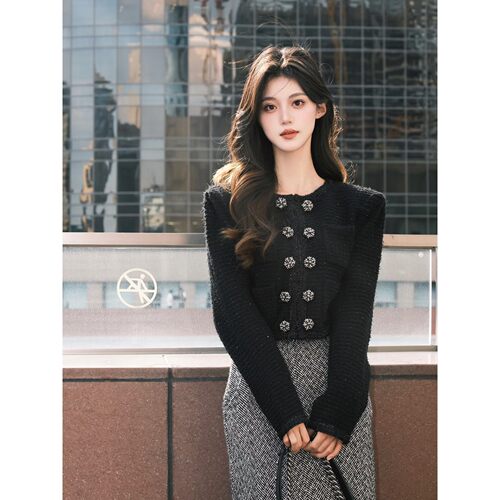 self-stride 2026新款小香风藏蓝色双排扣卢勒克斯针织开衫毛衣