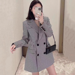 千鸟格纹双排扣背部镂空收腰连衣裙西装 2025新款 裙 stride self