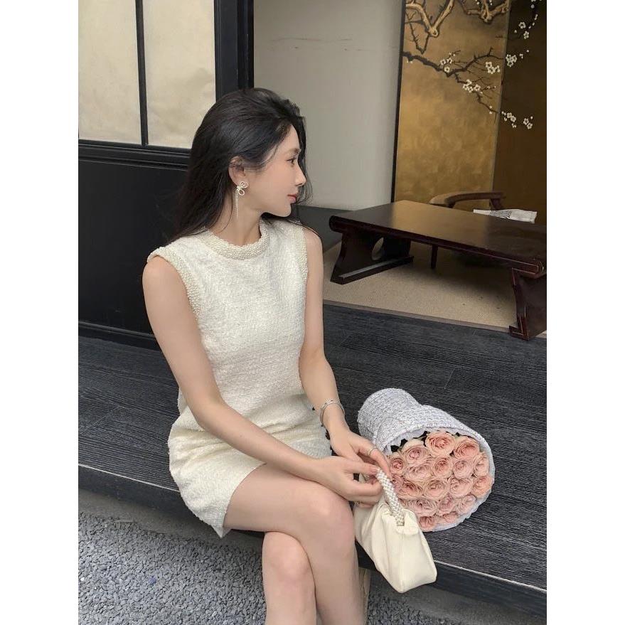 self-stride 2025早春象牙白珍珠饰边亮片粗花呢礼服连衣裙小香风