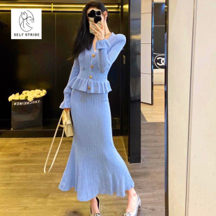 早秋精致名媛法式 镂空V领气质荷叶边针织假两件洋装