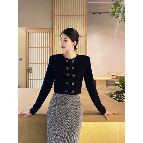 self-stride 2026新款小香风藏蓝色双排扣卢勒克斯针织开衫毛衣
