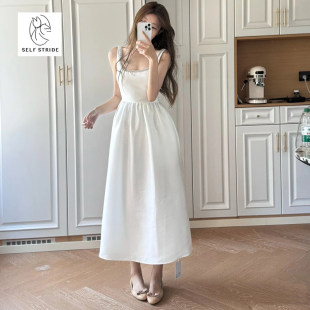 小白裙气质高级感订婚礼服白色钻饰优雅吊带洋装 女