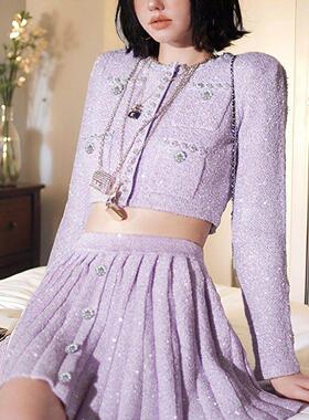 Self stride 春季新款紫色名媛风套装高级感时尚温柔气质两件套女