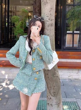 self-stride 2025新款绿色小香风外套背心半裙三件套套装