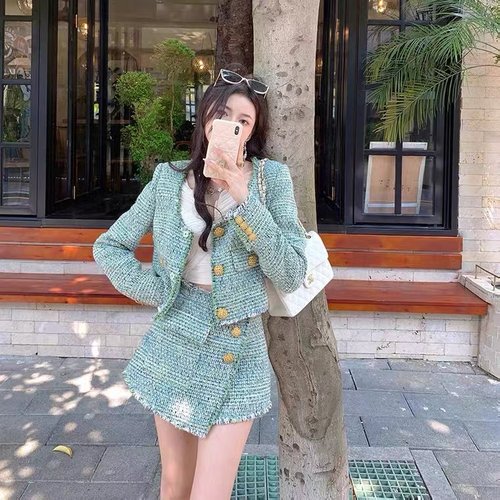 self-stride 2025新款绿色小香风外套背心半裙三件套套装