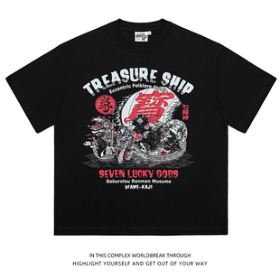 七福神新款潮牌男士短袖T恤衫外贸圆领个性水洗摇滚日系重磅百搭