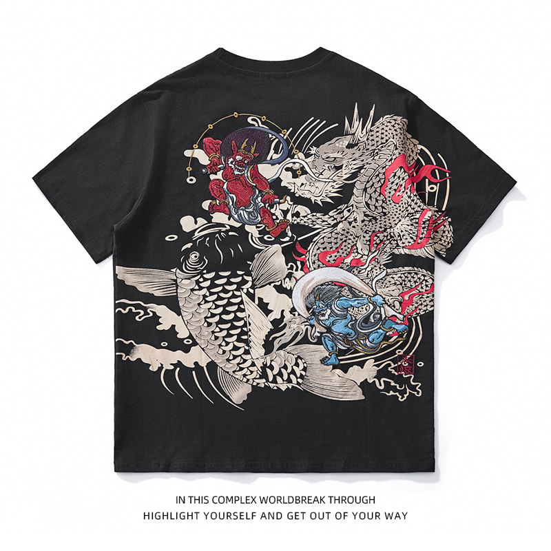 潮牌复古刺绣男T恤情侣般若绣花个性正肩纯棉短袖纹身龙纹印花tee