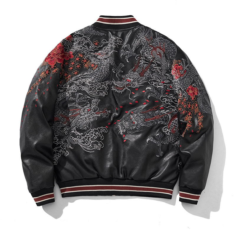 羽绒服重工横须贺三龙满幅刺绣PU皮衣保暖男棒球服复古个性国潮冬