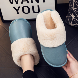 软底 室内家居防滑保暖情侣新款 牛皮面毛毛绒棉拖鞋 女居家用秋冬季