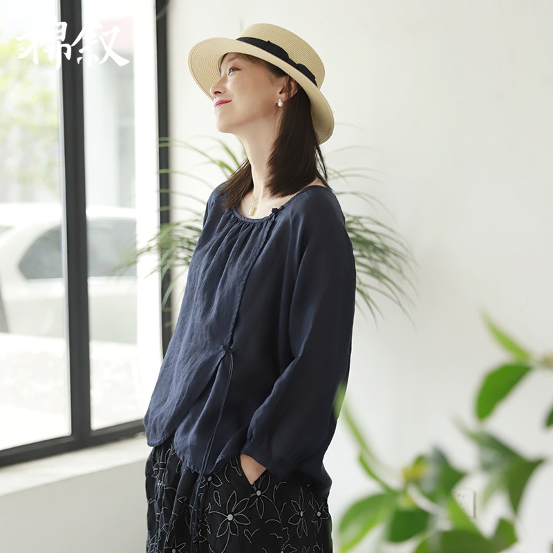 棉叙秋款文艺女装轻薄长袖衬衫纯苎麻罩衫宽松中式纯色衬衣23203