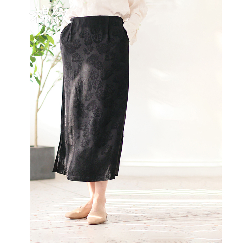 棉叙新中式高腰提花开衩半裙