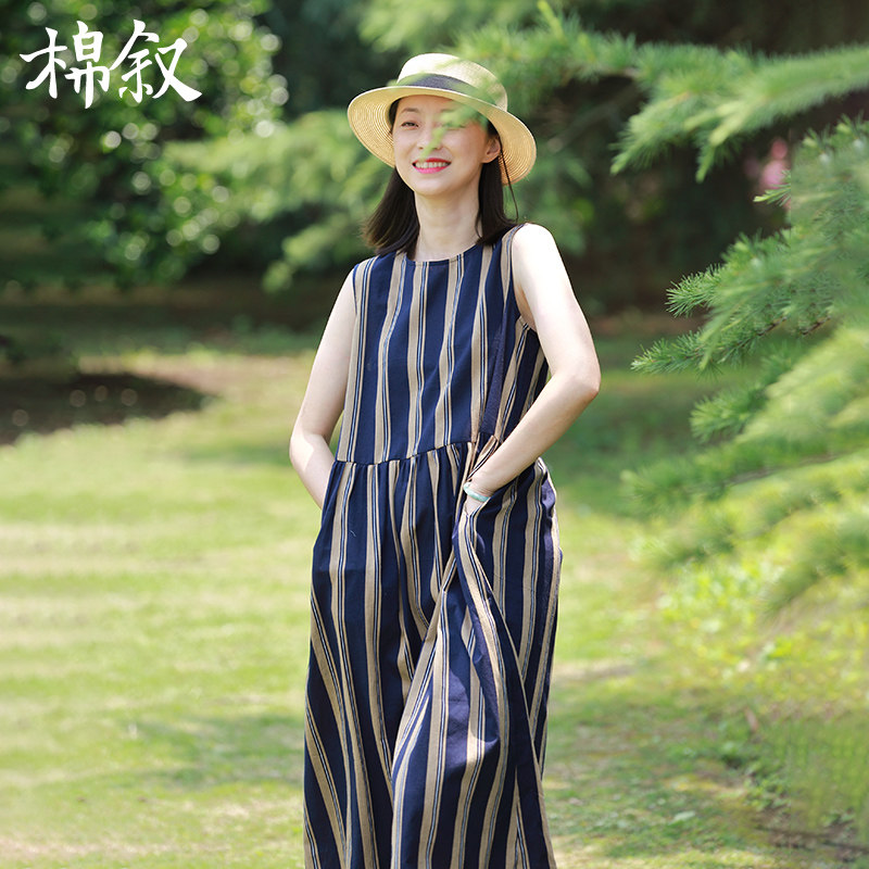 棉叙文艺女装全棉色织条纹无袖条纹连衣裙宽松高腰长裙23182