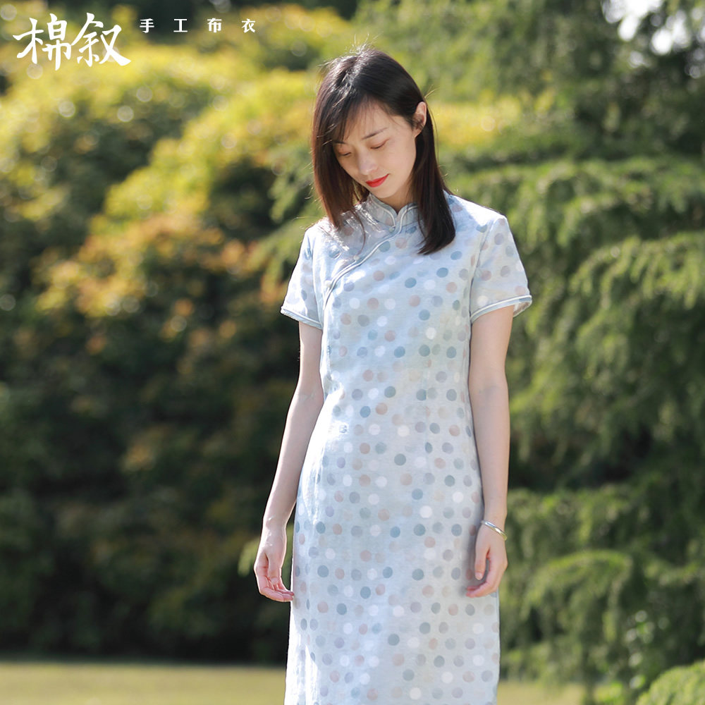 棉叙女装改良中式复古旗袍夏装中国风短袖中长款连衣裙M0391