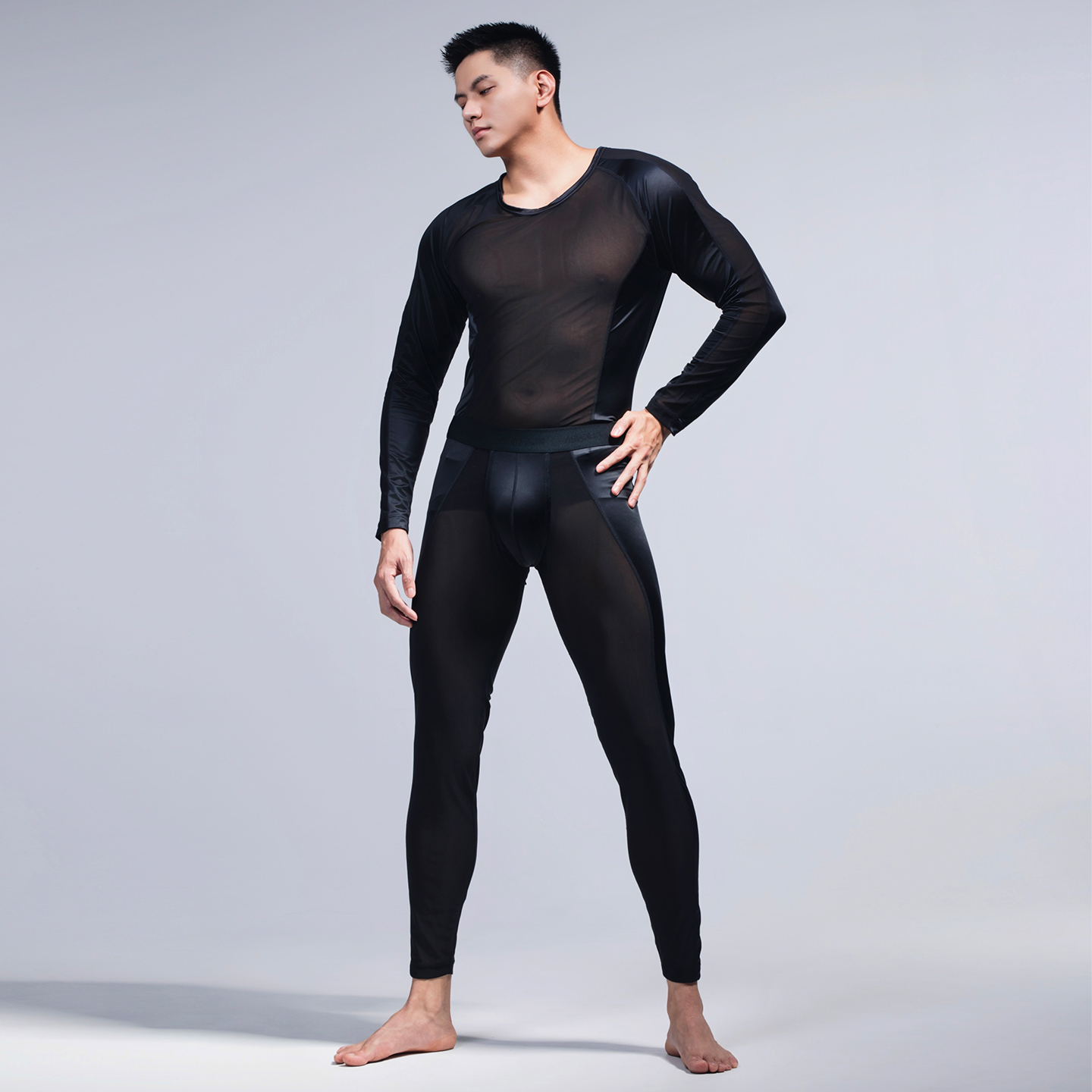 Asianbum丝滑网纱拼接打底套装