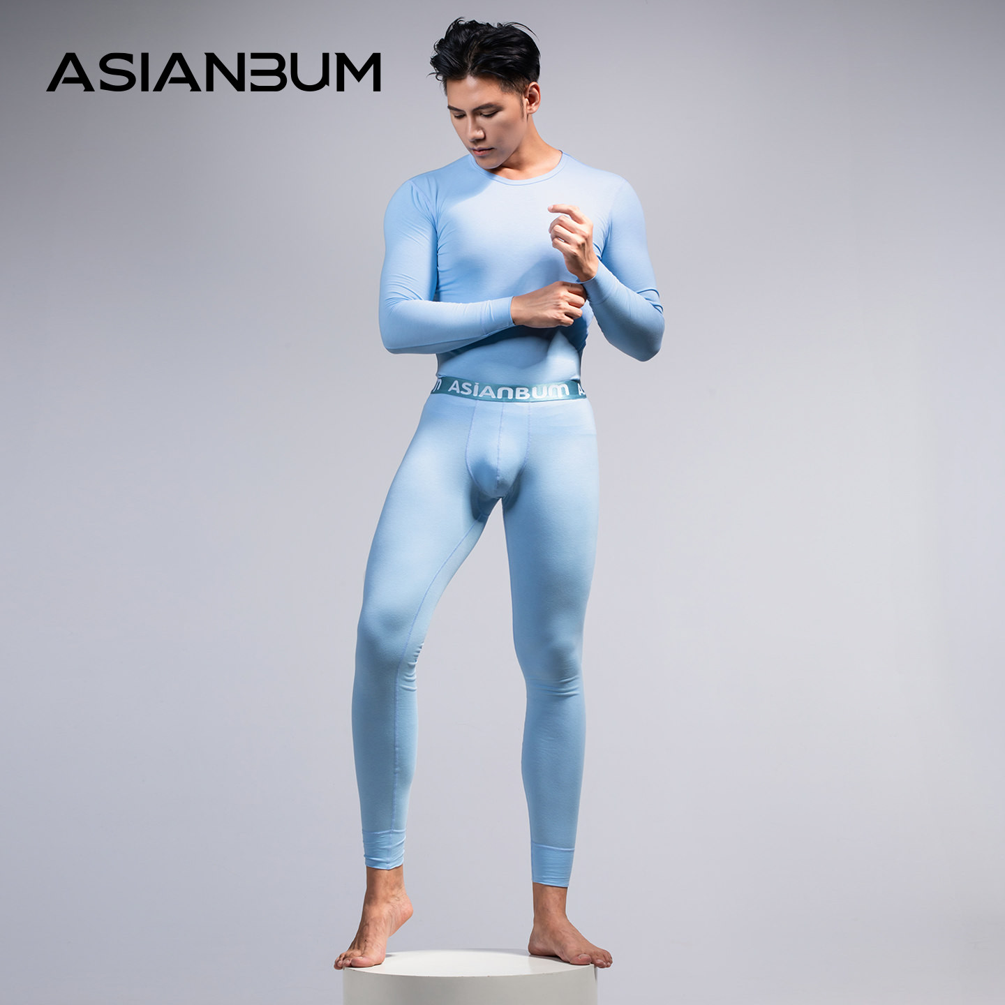 Asianbum薄款棉质简约纯色圆领性感修身透气秋衣打底保暖内衣套装