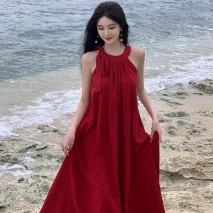 度假风挂脖红色连衣裙女夏云南三亚海边度假氛围感长 原版 尺寸