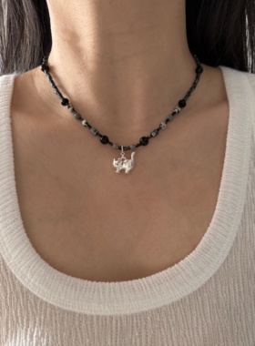 南西Handmade原创设计新中式小猫925纯银天然黑玛瑙串珠项链礼物