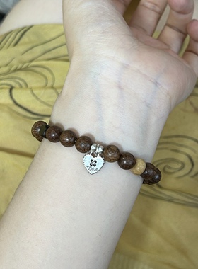 南西Handmade原创天然金丝檀木s925纯银爱心天然石文玩手串男女