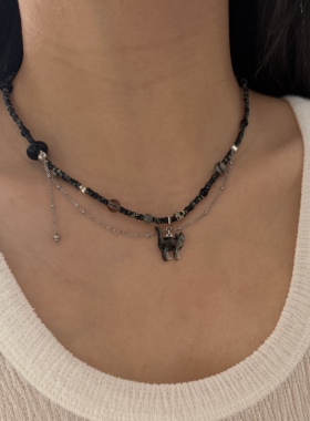 南西Handmade原创设计玄猫天然黑玛瑙925纯银手工串珠项链礼物