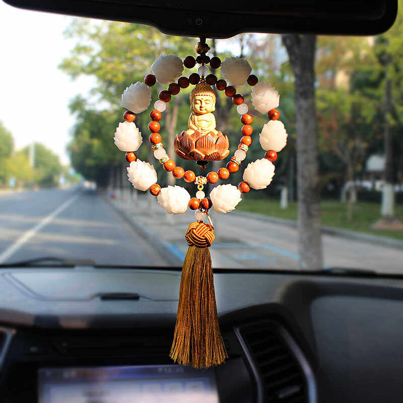 黄杨木佛汽车观音挂件挂饰后视镜平安车挂吊坠莲花挂件车载装饰品