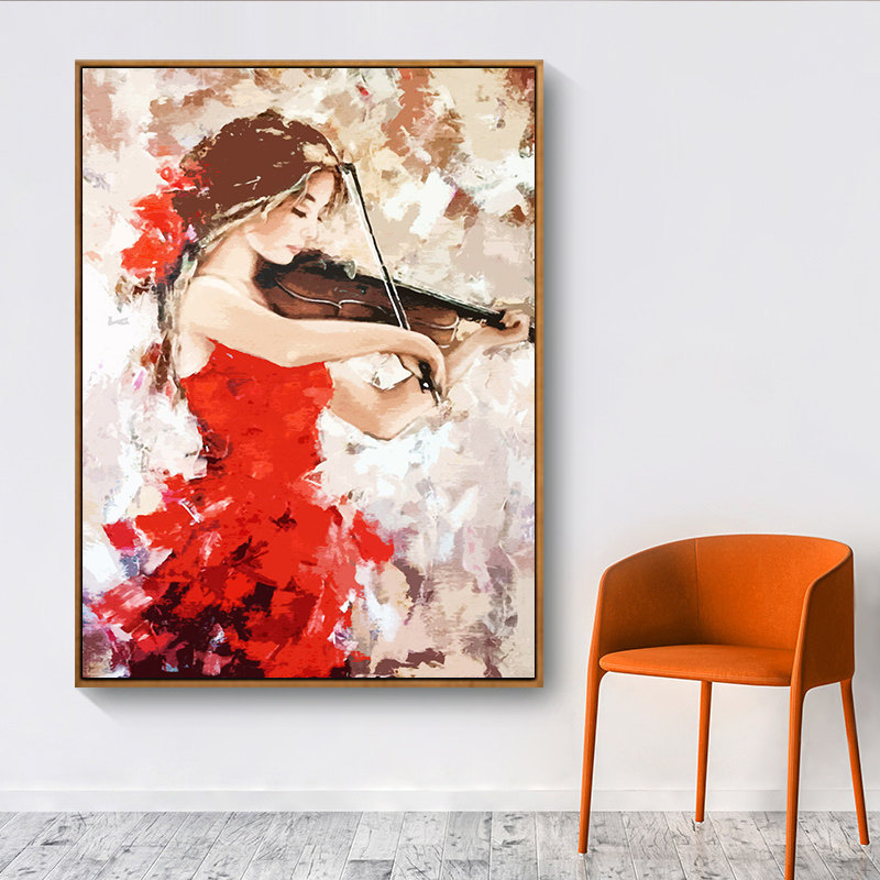 北欧现代小提琴红裙女孩唯美意境抽象印象派原创油画装饰画