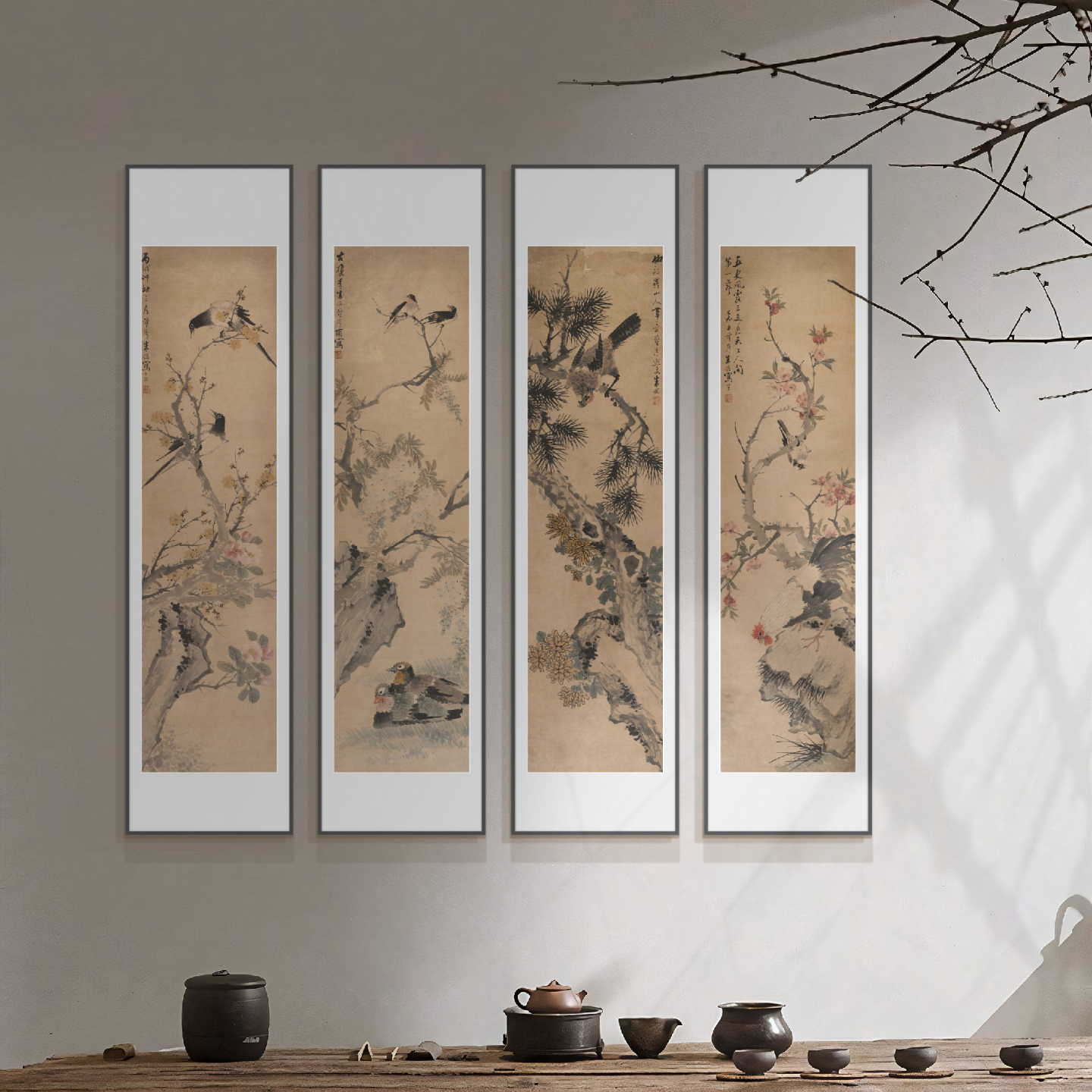 宋代美学鎏金彩雕装饰画客厅茶室书房花鸟四条屏新中式艺术感挂画图片