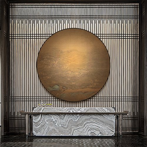 心联新中式客厅沙发背景墙挂画圆形