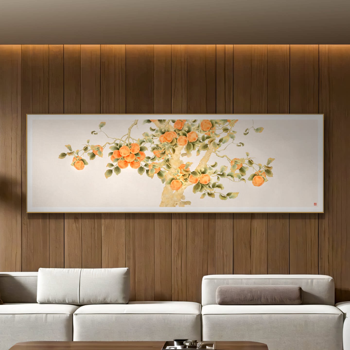 柿事如意金箔鎏金彩雕工艺挂画餐厅横幅壁画新中式客厅高端装饰画