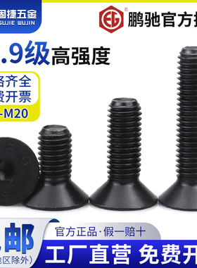 M2-M20鹏驰螺丝10.9级平头沉头合金钢黑色内六角沉头螺钉平杯螺栓